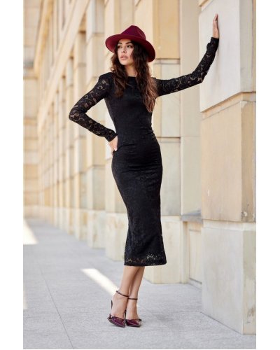 Rochie midi neagra mulata din dantela cu maneca lunga LisaR Rochii midi, Rochie midi neagra mulata din dantela cu maneca lunga LisaR - jojofashion.ro