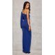 Rochie de ocazie lunga, din brocard bleumarin, cu un umar gol si maneca lunga, Narcisse 3 - jojofashion.ro