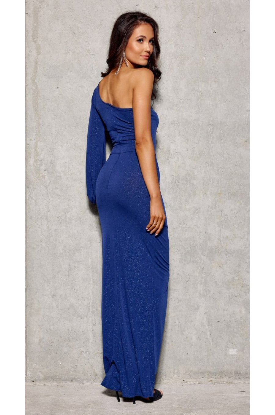 Rochie lunga, din brocard bleumarin, cu un umar gol si maneca lunga, Narcisse 2 - jojofashion.ro
