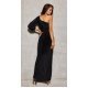 Rochie lunga neagra mulata din brocard cu un umar gol si maneca lunga Narcisse 3 - jojofashion.ro