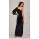 Rochie de ocazie lunga, din brocard, neagra, cu un umar gol si maneca lunga, Narcisse 3 - jojofashion.ro