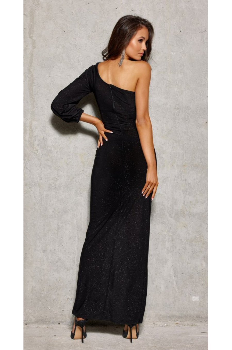 Rochie lunga neagra mulata din brocard cu un umar gol si maneca lunga Narcisse 2 - jojofashion.ro