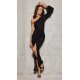 Rochie de ocazie lunga, din brocard, neagra, cu un umar gol si maneca lunga, Narcisse 4 - jojofashion.ro