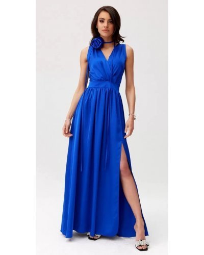 Rochie lunga din satin albastra cu floare in talie PalomaR Rochii lungi, Rochie lunga din satin albastra cu floare in talie PalomaR - jojofashion.ro