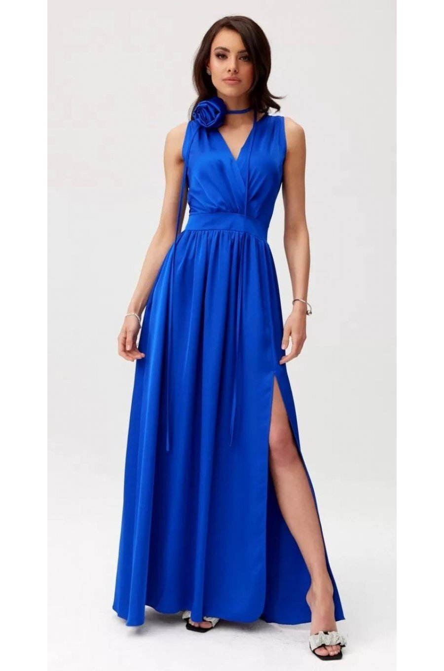 Rochie lunga din satin albastra cu floare in talie PalomaR 1 - jojofashion.ro