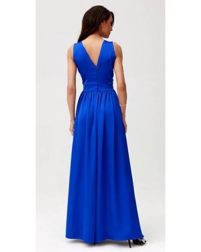 Rochie lunga din satin albastra cu floare in talie PalomaR Rochii lungi, Rochie lunga din satin albastra cu floare in talie PalomaR - jojofashion.ro