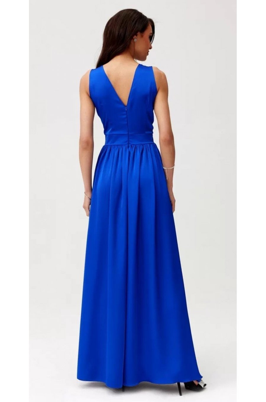 Rochie lunga din satin albastra cu floare in talie PalomaR 2 - jojofashion.ro