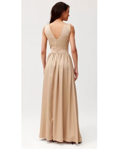 Rochie lunga din satin bej cu floare in talie PalomaR Rochii satin, Rochie lunga din satin bej cu floare in talie PalomaR - jojofashion.ro