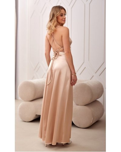 Rochie lunga din satin bej petrecuta cu spatele gol AlessandraR Tinute de petrecere, Rochie lunga din satin bej petrecuta cu spatele gol AlessandraR - jojofashion.ro
