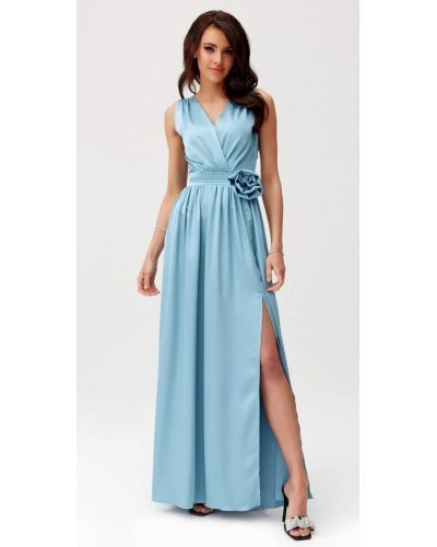 Rochie lunga din satin bleu cu floare in talie PalomaR Rochii lungi, Rochie lunga din satin bleu cu floare in talie PalomaR - jojofashion.ro