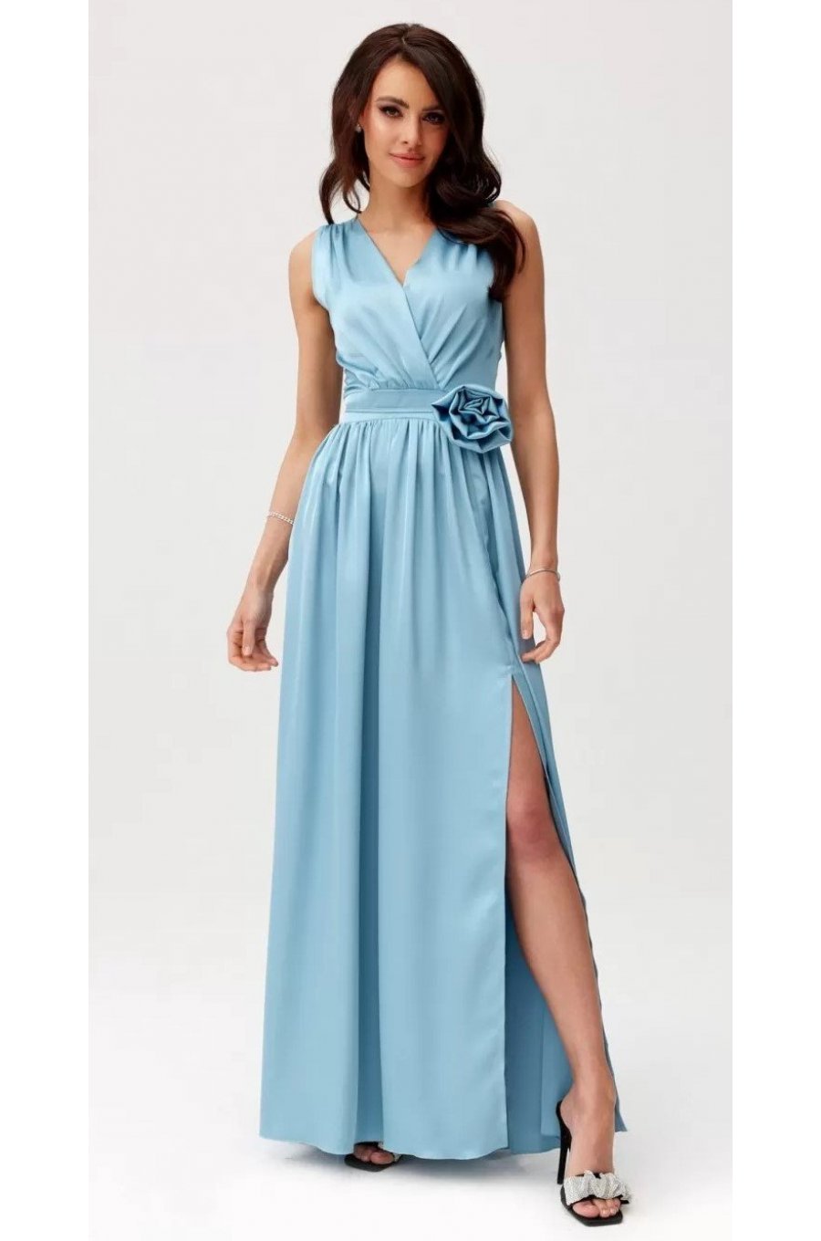 Rochie lunga din satin bleu cu floare in talie PalomaR 1 - jojofashion.ro
