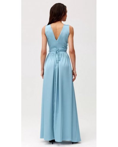 Rochie lunga din satin bleu cu floare in talie PalomaR Rochii lungi, Rochie lunga din satin bleu cu floare in talie PalomaR - jojofashion.ro