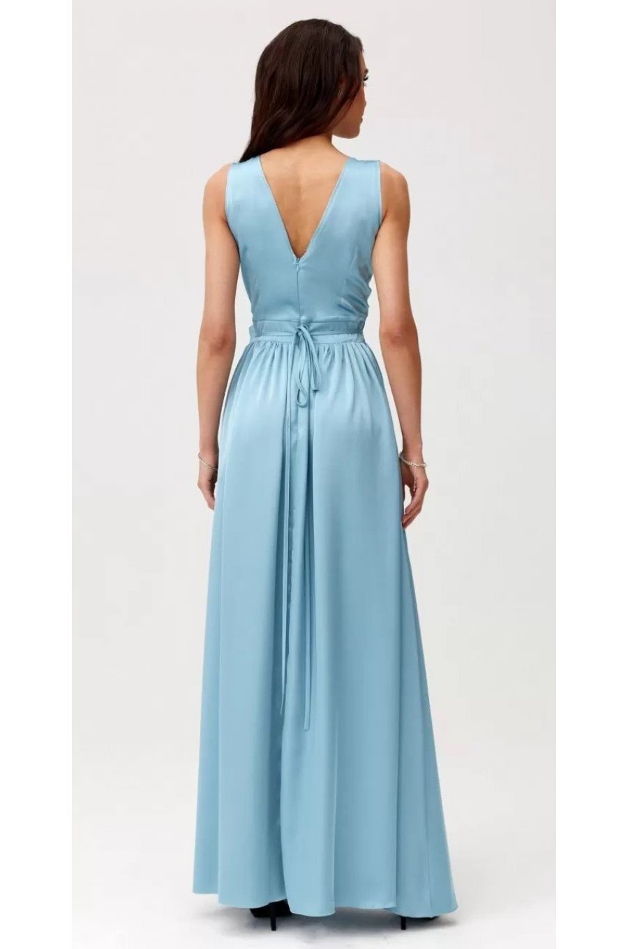 Rochie lunga din satin bleu cu floare in talie PalomaR 2 - jojofashion.ro