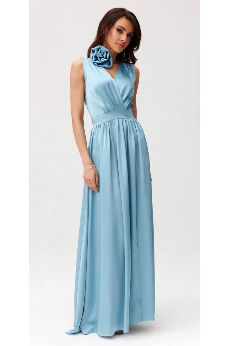 Rochie lunga din satin bleu cu floare in talie PalomaR 3 - jojofashion.ro