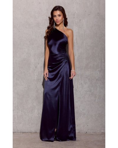 Rochie lunga din satin bleumarin navy cu un umar gol Inez Rochii lungi, Rochie lunga din satin bleumarin navy cu un umar gol Inez - jojofashion.ro
