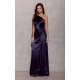 Rochie lunga din satin bleumarin navy cu un umar gol Inez 2 - jojofashion.ro