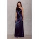 Rochie de ocazie lunga, din satin, bleumarin navy, cu un umar gol, Inez 2 - jojofashion.ro