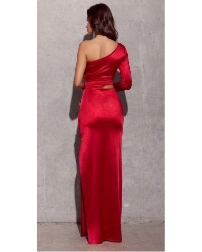 Rochie lunga mulata rosie din satin cu un umar gol si o singura maneca EdithR Rochii satin, Rochie lunga mulata rosie din satin cu un umar gol si o singura maneca EdithR - jojofashion.ro