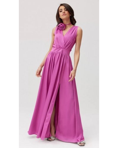 Rochie lunga din satin roz cu floare in talie PalomaR Rochii satin, Rochie lunga din satin roz cu floare in talie PalomaR - jojofashion.ro