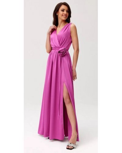 Rochie lunga din satin roz cu floare in talie PalomaR Rochii satin, Rochie lunga din satin roz cu floare in talie PalomaR - jojofashion.ro