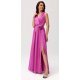 Rochie lunga din satin roz cu floare in talie PalomaR 3 - jojofashion.ro