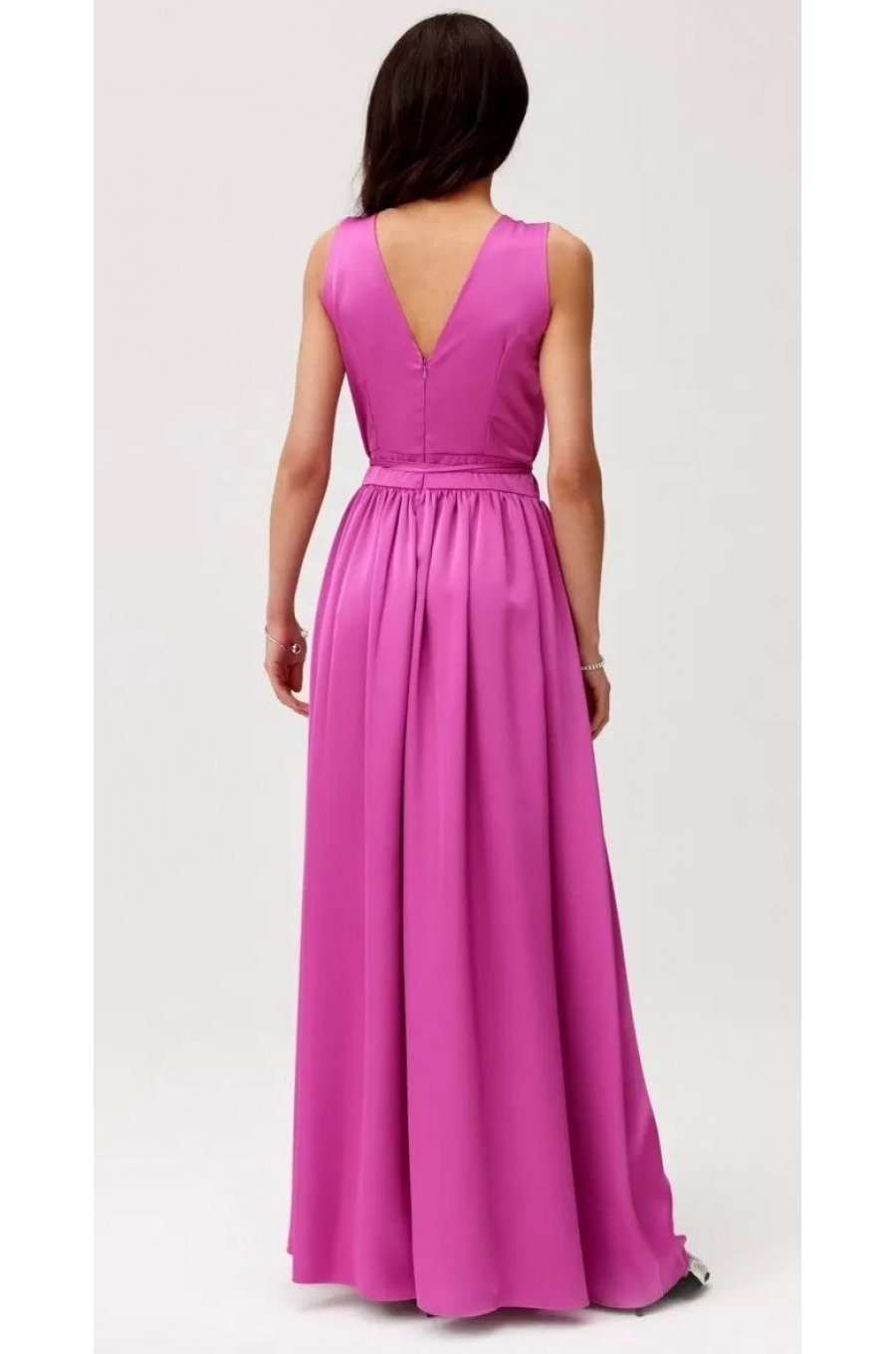 Rochie lunga din satin roz cu floare in talie PalomaR 3 - jojofashion.ro