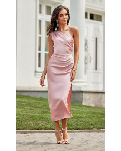 Rochie lunga din satin roz pudra cu un umar gol Lamia Rochii lungi, Rochie lunga din satin roz pudra cu un umar gol Lamia - jojofashion.ro