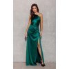 Rochie lunga verde smarald din satin cu un umar gol Inez