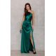 Rochie lunga verde smarald din satin cu un umar gol Inez 2 - jojofashion.ro
