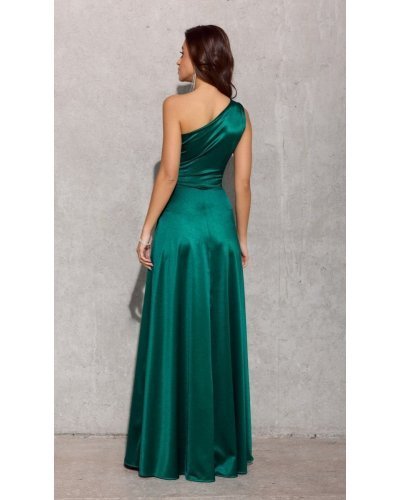 Rochie lunga verde smarald din satin cu un umar gol Inez Rochii satin, Rochie lunga verde smarald din satin cu un umar gol Inez - jojofashion.ro