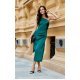 Rochie lunga verde smarald din satin mulata cu un umar gol Lamia 2 - jojofashion.ro