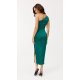 Rochie lunga verde smarald din satin mulata cu un umar gol Lamia 4 - jojofashion.ro