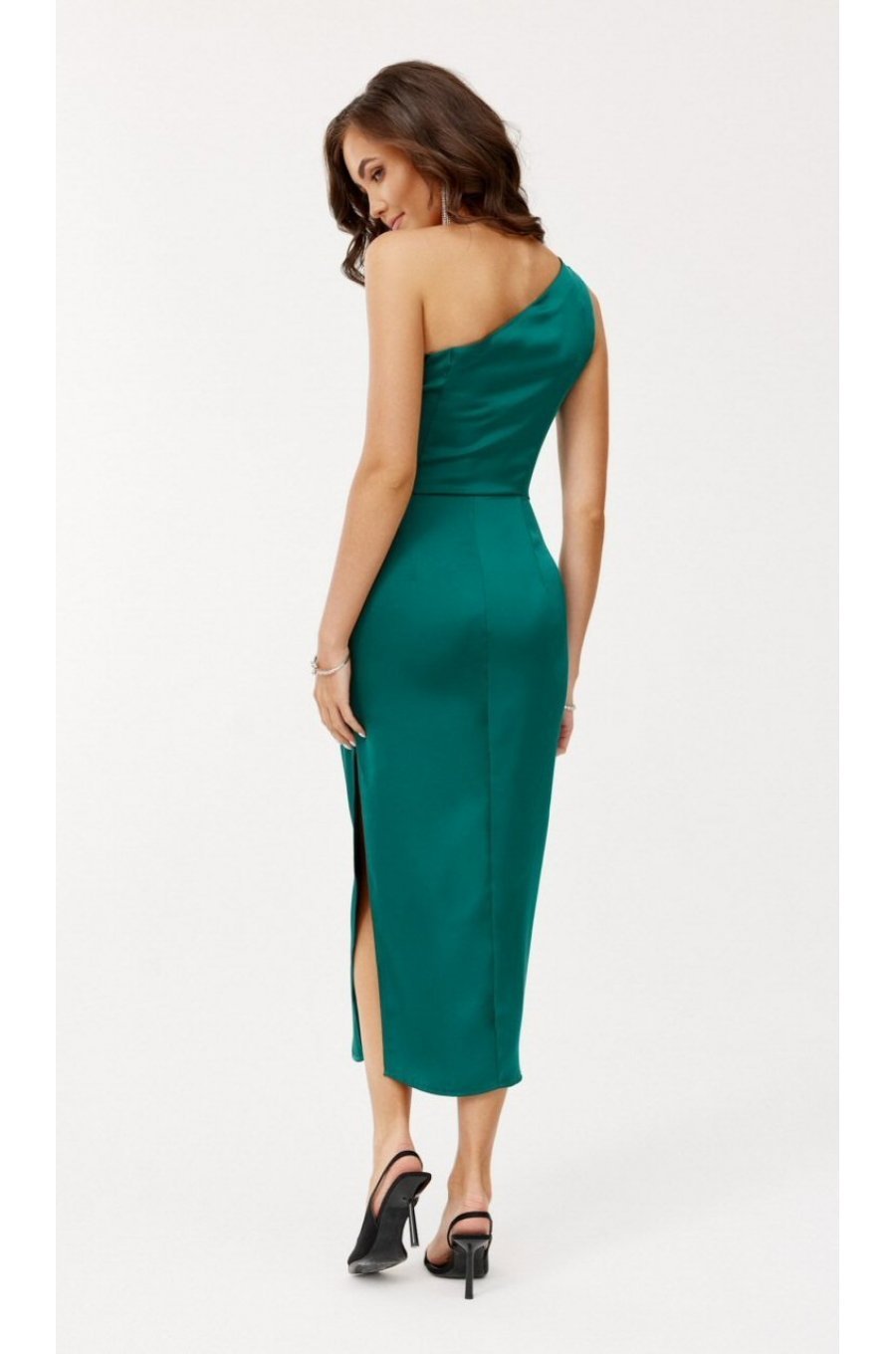 Rochie lunga verde smarald din satin mulata cu un umar gol Lamia 3 - jojofashion.ro
