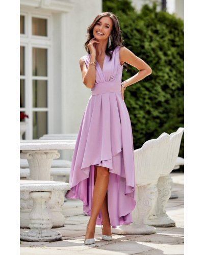Rochie midi din satin lila asimetrica cu trena Jennifer Rochii satin, Rochie midi din satin lila asimetrica cu trena Jennifer - jojofashion.ro