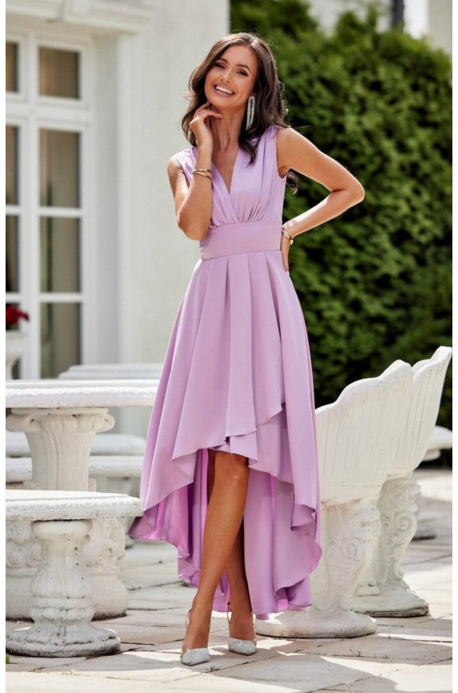 Rochie midi din satin lila asimetrica cu trena Jennifer 1 - jojofashion.ro