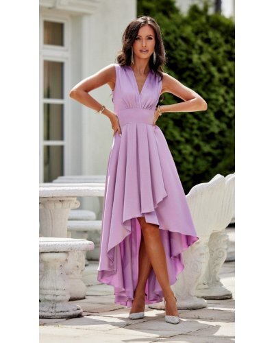 Rochie midi din satin lila asimetrica cu trena Jennifer Rochii satin, Rochie midi din satin lila asimetrica cu trena Jennifer - jojofashion.ro