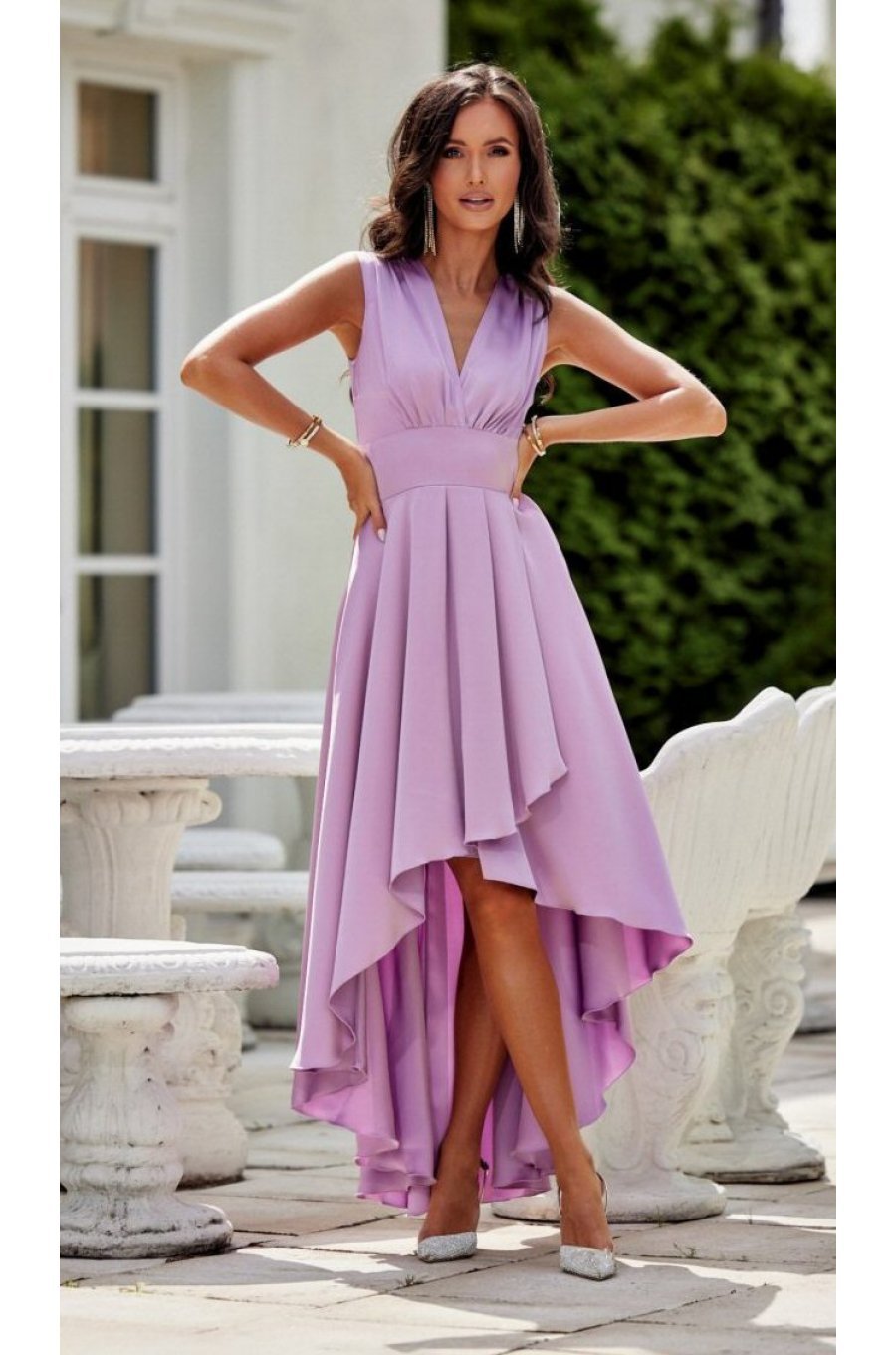 Rochie midi din satin lila asimetrica cu trena Jennifer 2 - jojofashion.ro