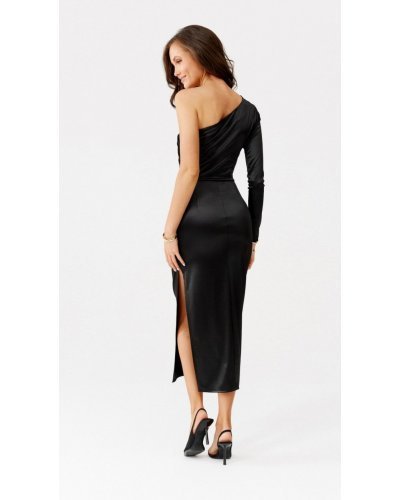 Rochie neagra din satin mulata cu un umar gol Jonna Rochii de Ocazie Elegante, Rochie neagra din satin mulata cu un umar gol Jonna - jojofashion.ro