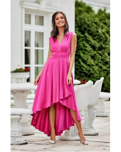 Rochie midi din satin roz fucsia asimetrica cu trena Jennifer Rochii de Ocazie Elegante, Rochie midi din satin roz fucsia asimetrica cu trena Jennifer - jojofashion.ro