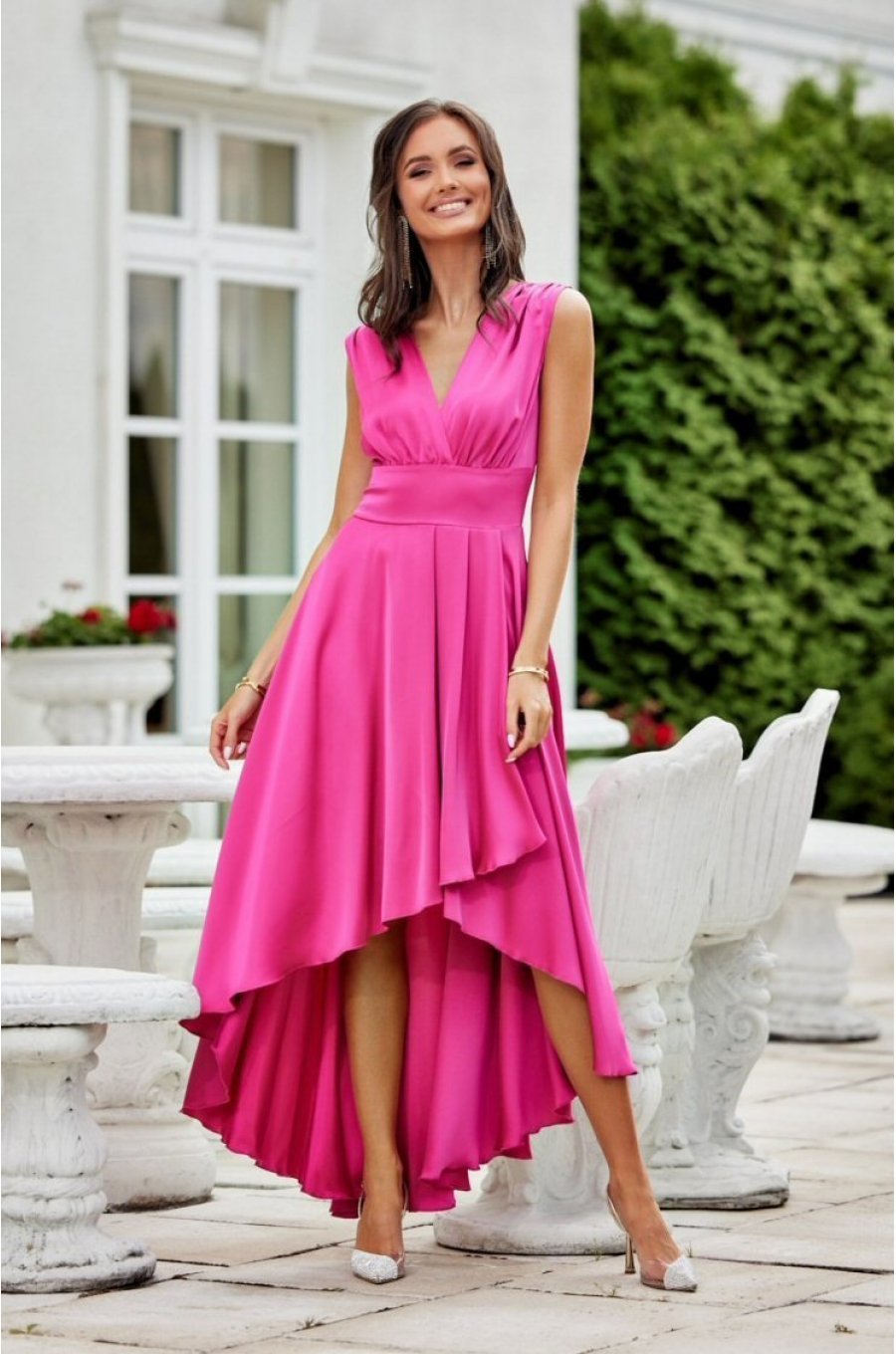 Rochie de ocazie midi, din satin roz fucsia, asimetrica, cu trena, Jennifer 1 - jojofashion.ro