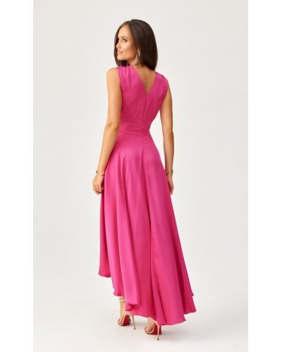 Rochie midi din satin roz fucsia asimetrica cu trena Jennifer Rochii de Ocazie Elegante, Rochie midi din satin roz fucsia asimetrica cu trena Jennifer - jojofashion.ro