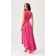 Rochie de ocazie midi, din satin roz fucsia, asimetrica, cu trena, Jennifer 3 - jojofashion.ro