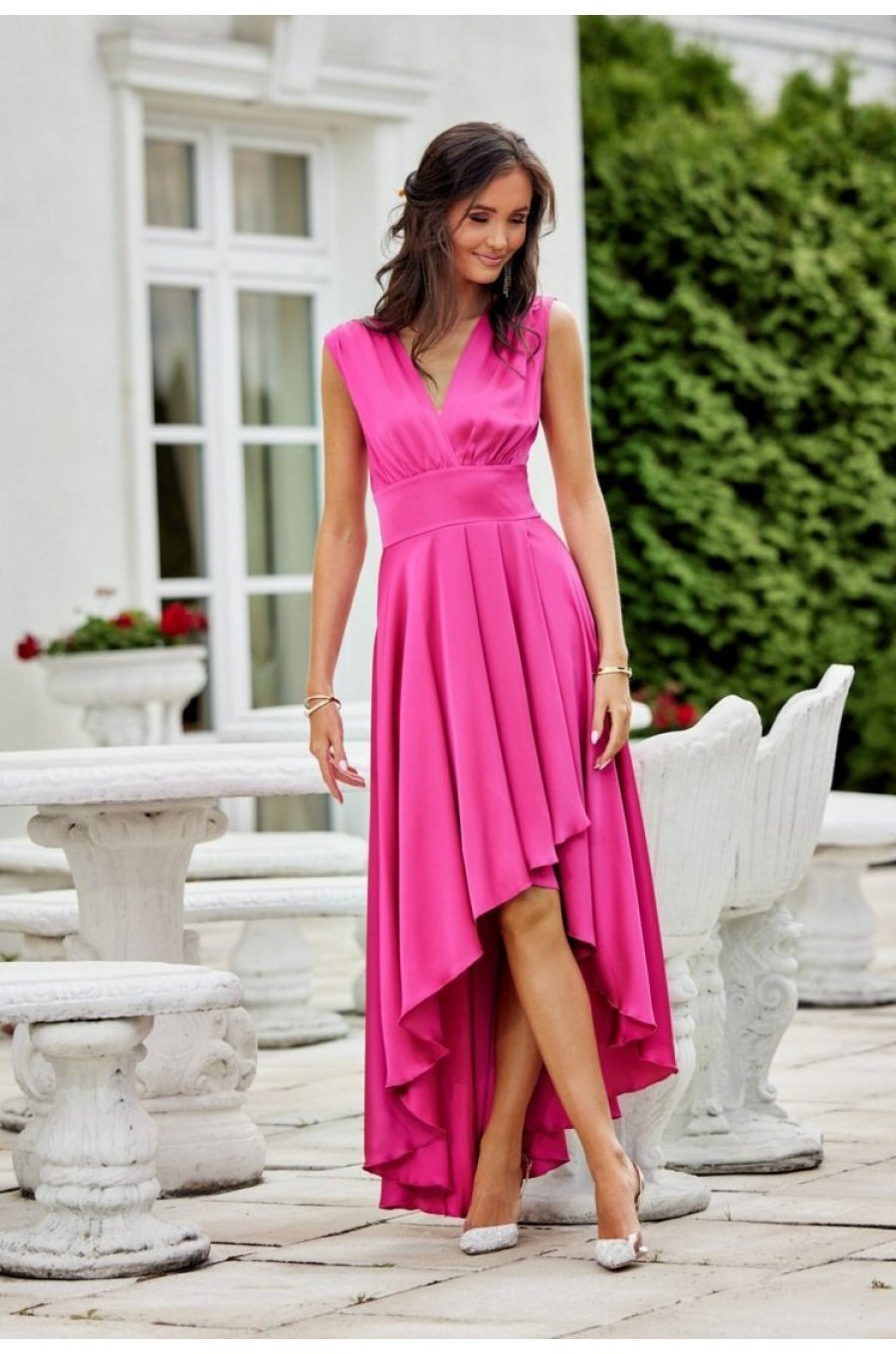 Rochie de ocazie midi, din satin roz fucsia, asimetrica, cu trena, Jennifer 3 - jojofashion.ro