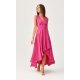 Rochie de ocazie midi, din satin roz fucsia, asimetrica, cu trena, Jennifer 5 - jojofashion.ro