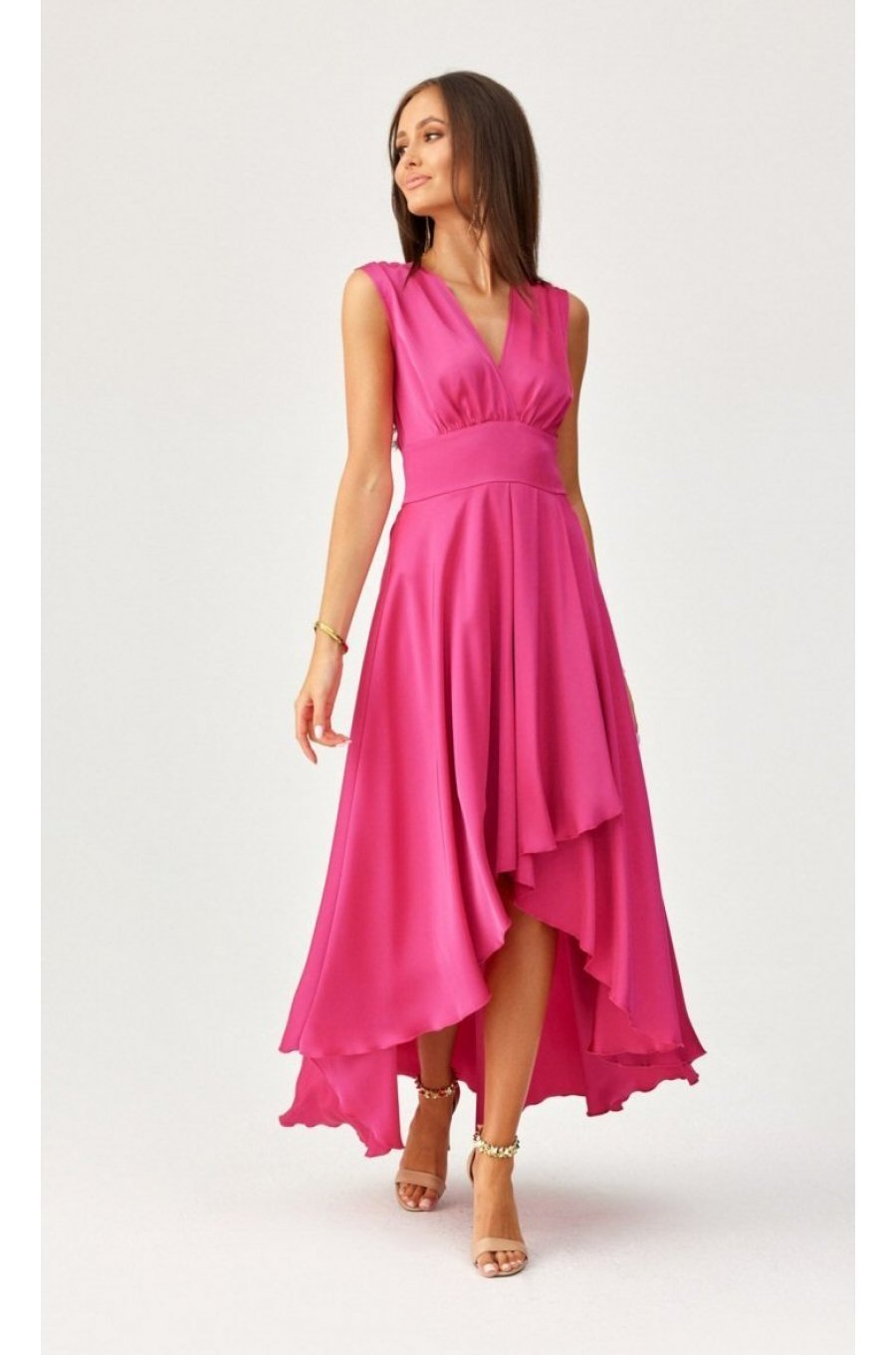 Rochie de ocazie midi, din satin roz fucsia, asimetrica, cu trena, Jennifer 4 - jojofashion.ro