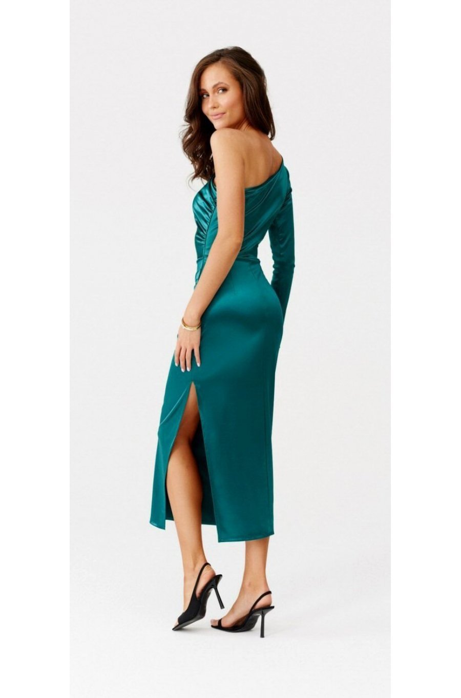 Rochie de ocazie midi, din satin, verde, mulata, cu un umar gol, Jonna 2 - jojofashion.ro