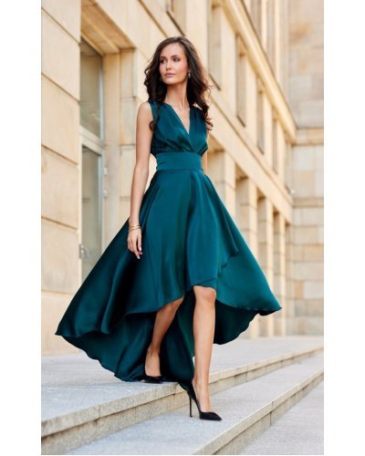 Rochie de ocazie midi, din satin verde, asimetrica, cu trena, cu trena, Jennifer Rochii satin, Rochie de ocazie midi, din satin verde, asimetrica, cu trena, cu trena, Jennifer - jojofashion.ro