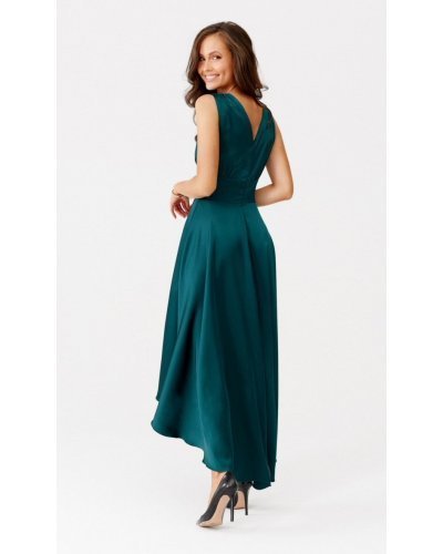 Rochie de ocazie midi, din satin verde, asimetrica, cu trena, cu trena, Jennifer Rochii satin, Rochie de ocazie midi, din satin verde, asimetrica, cu trena, cu trena, Jennifer - jojofashion.ro