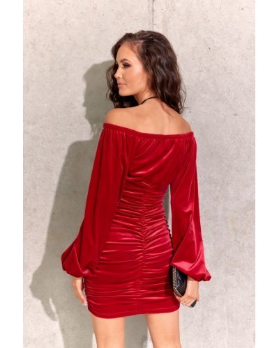 Rochie scurta rosie mulata din catifea cu maneca lunga drapata Zehra Rochii scurte, Rochie scurta rosie mulata din catifea cu maneca lunga drapata Zehra - jojofashion.ro