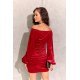Rochie scurta rosie mulata din catifea cu maneca lunga drapata Zehra 3 - jojofashion.ro